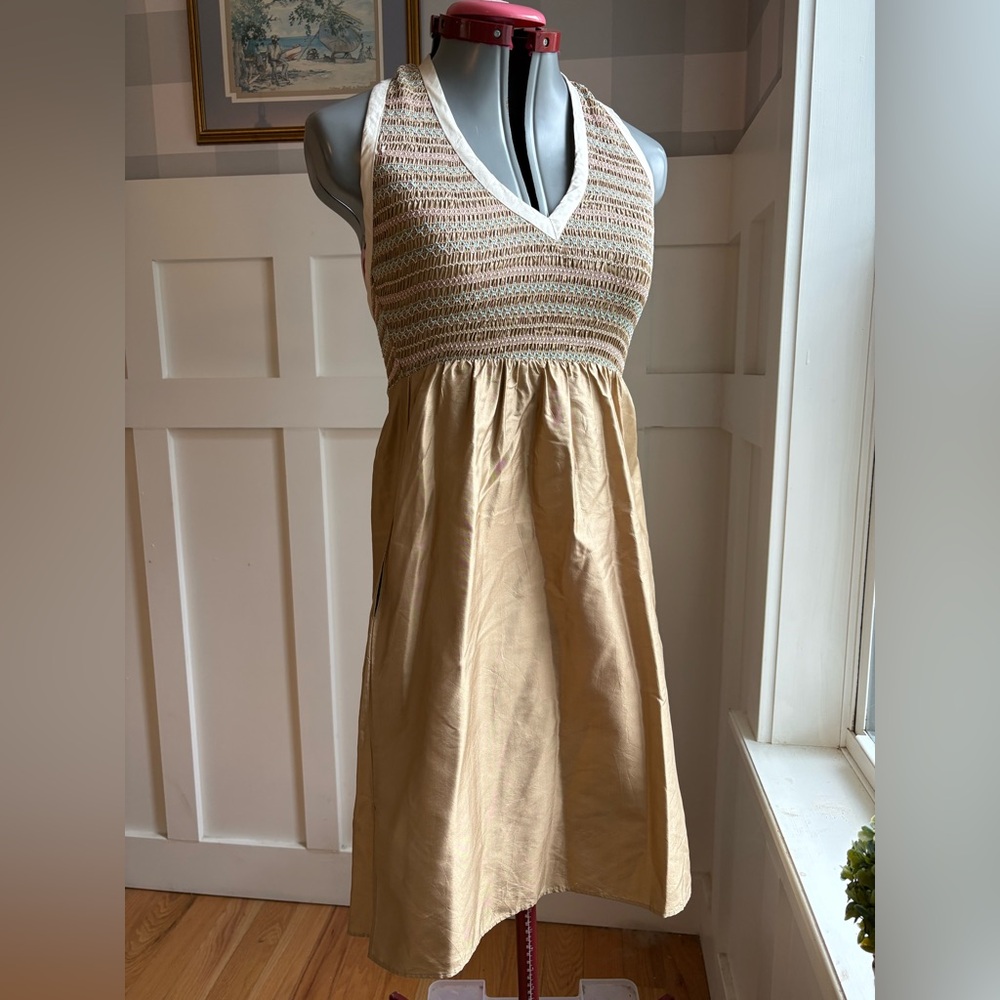 Vintage Cynthia Rowley Silk Tan and White Halter Dress Size 0 Vintage Designer - Picture 2 of 10